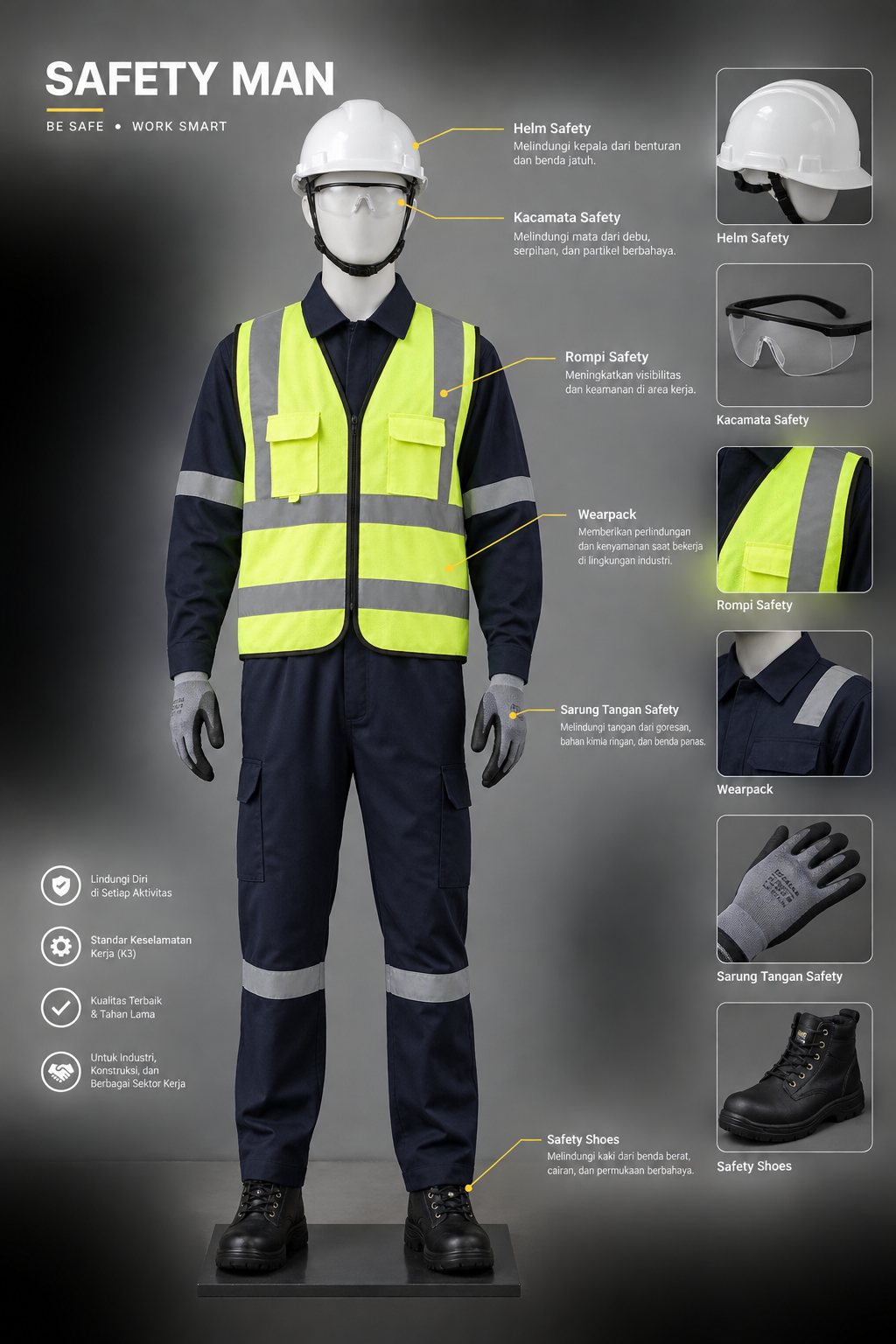 Perlengkapan safety lengkap: helm safety, kacamata safety, rompi safety, wearpack, sarung tangan safety, dan safety shoes yang dikenakan pekerja.